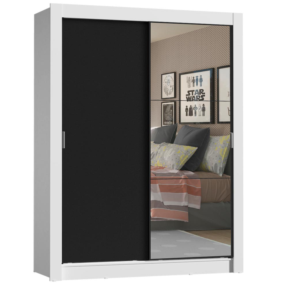 Guarda-Roupa Solteiro Madesa Denver 2 Portas de Correr com Espelho Branco/Preto