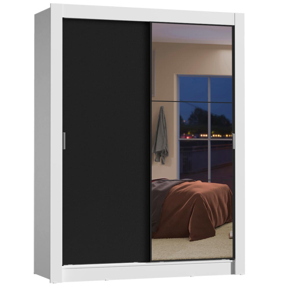Guarda-Roupa Solteiro Madesa Dallas 2 Portas de Correr com Espelho 2 Gavetas Branco/Preto