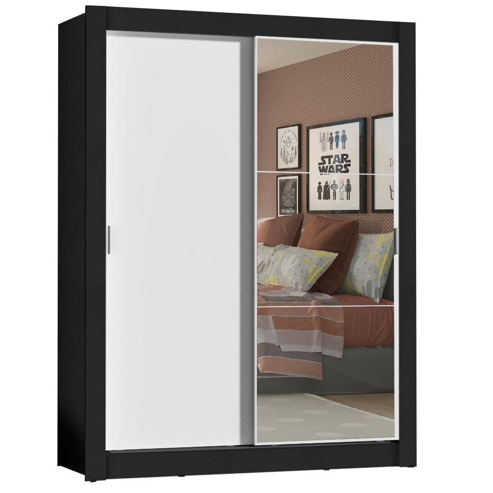 Guarda-Roupa Solteiro Madesa Denver 2 Portas de Correr com Espelho Preto/Branco