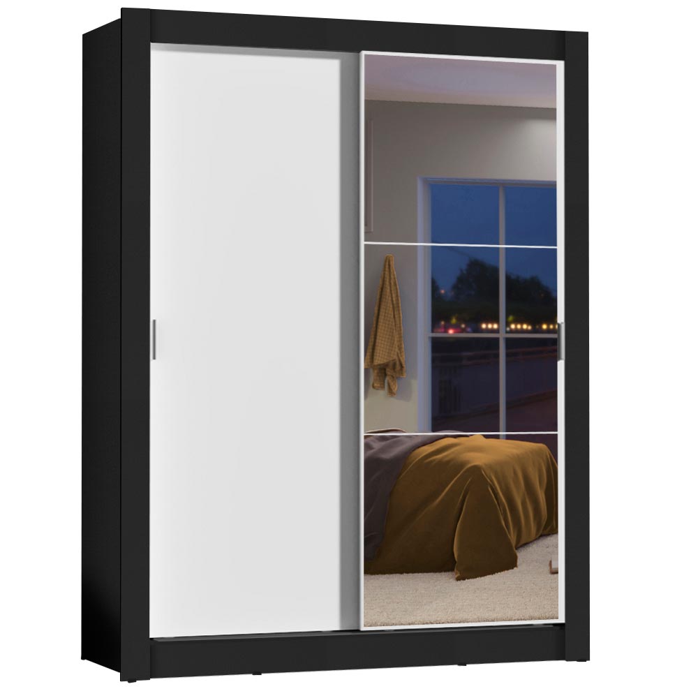 Guarda-Roupa Solteiro Madesa Dallas 2 Portas de Correr com Espelho 2 Gavetas Preto/Branco
