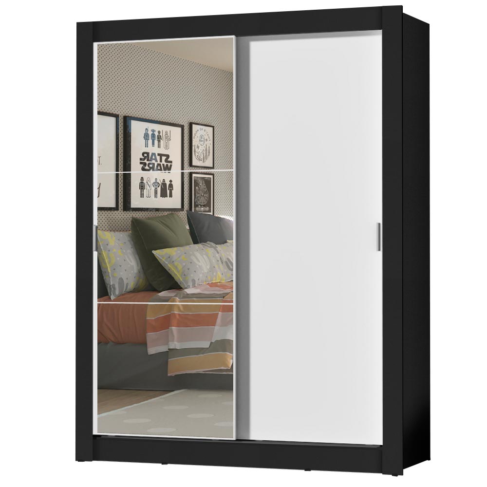 Guarda-Roupa Solteiro Madesa Dallas Plus 2 Portas de Correr com Espelho 4 Gavetas Preto/Branco