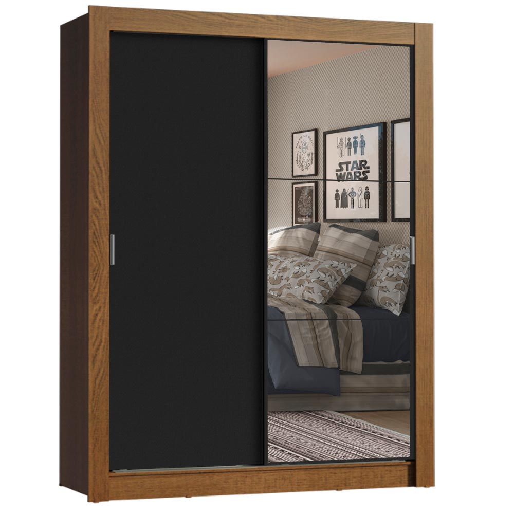 Guarda-Roupa Solteiro Madesa Denver 2 Portas de Correr com Espelho Rustic/Preto