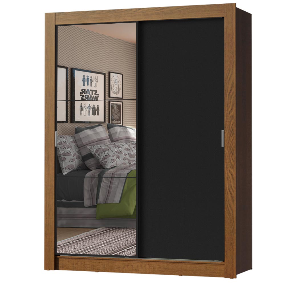 Guarda-Roupa Solteiro Madesa Dallas Plus 2 Portas de Correr com Espelho 4 Gavetas Rustic/Preto