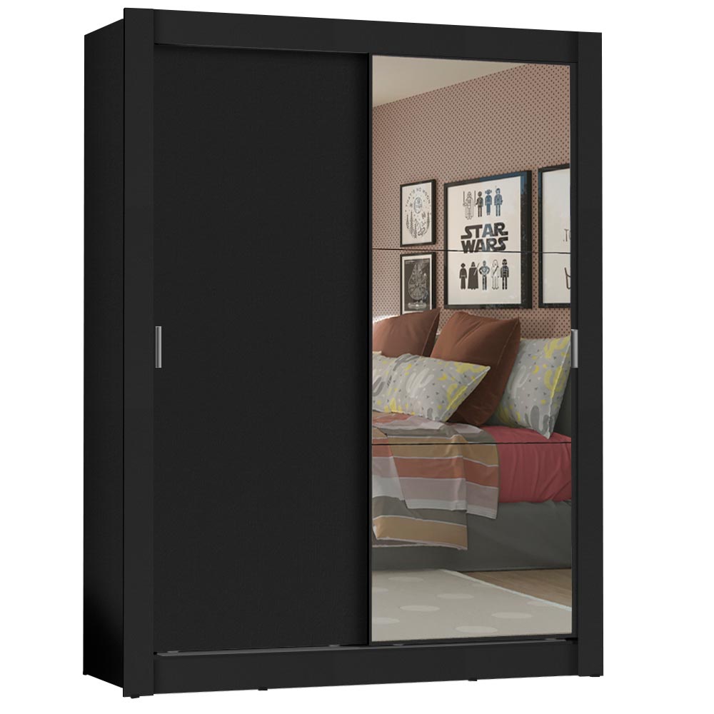 Guarda-Roupa Solteiro Madesa Denver 2 Portas de Correr com Espelho Preto