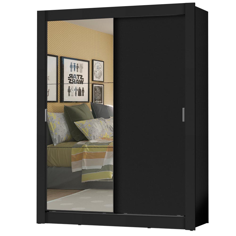 Guarda-Roupa Solteiro Madesa Dallas Plus 2 Portas de Correr com Espelho 4 Gavetas Preto
