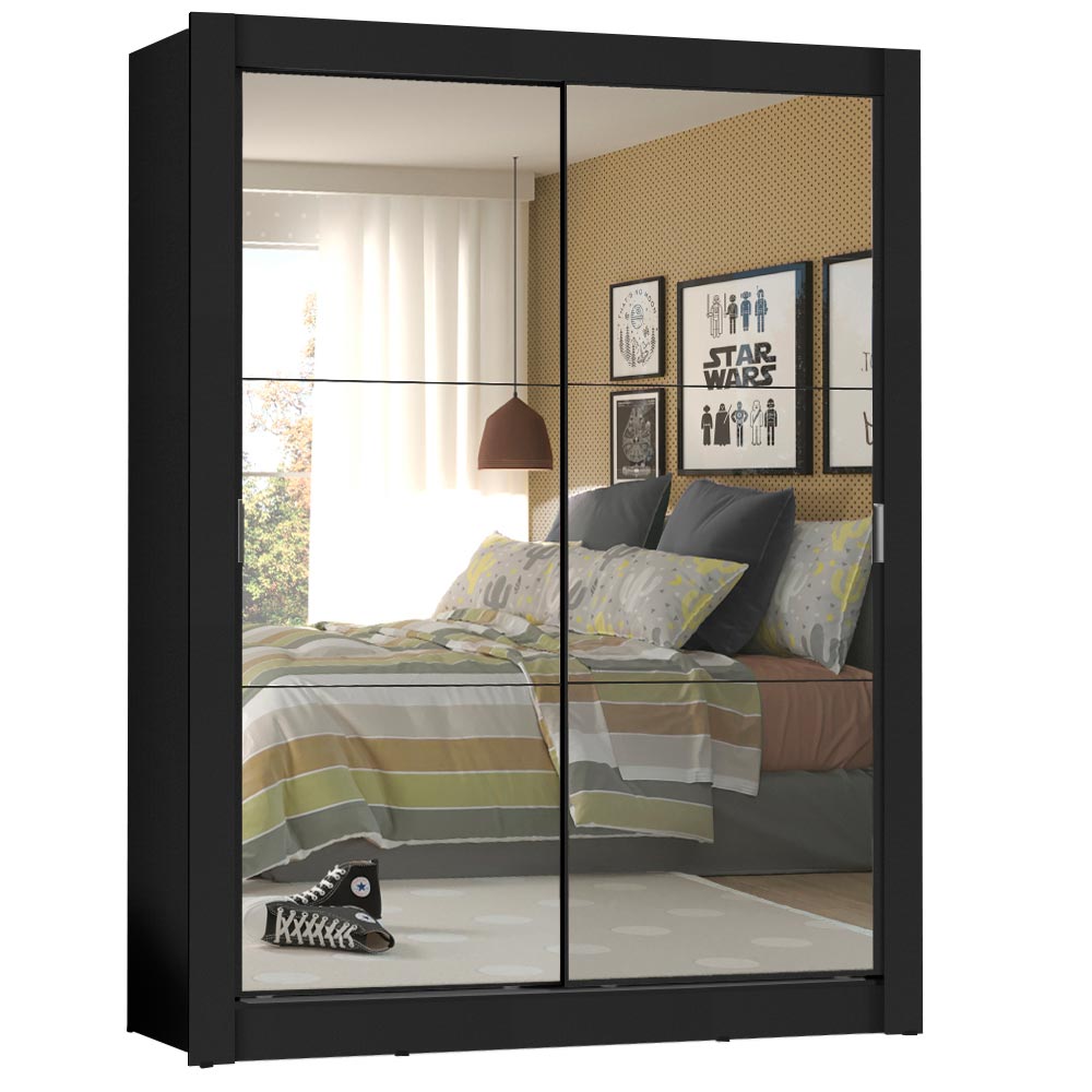 Guarda-Roupa Solteiro Madesa Denver 2 Portas de Correr de Espelho Preto