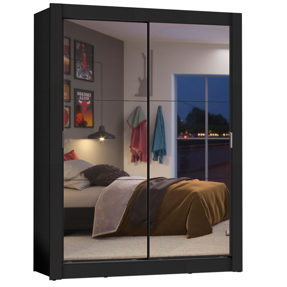 Guarda-Roupa Solteiro Madesa Dallas 2 Portas de Correr de Espelho 2 Gavetas Preto