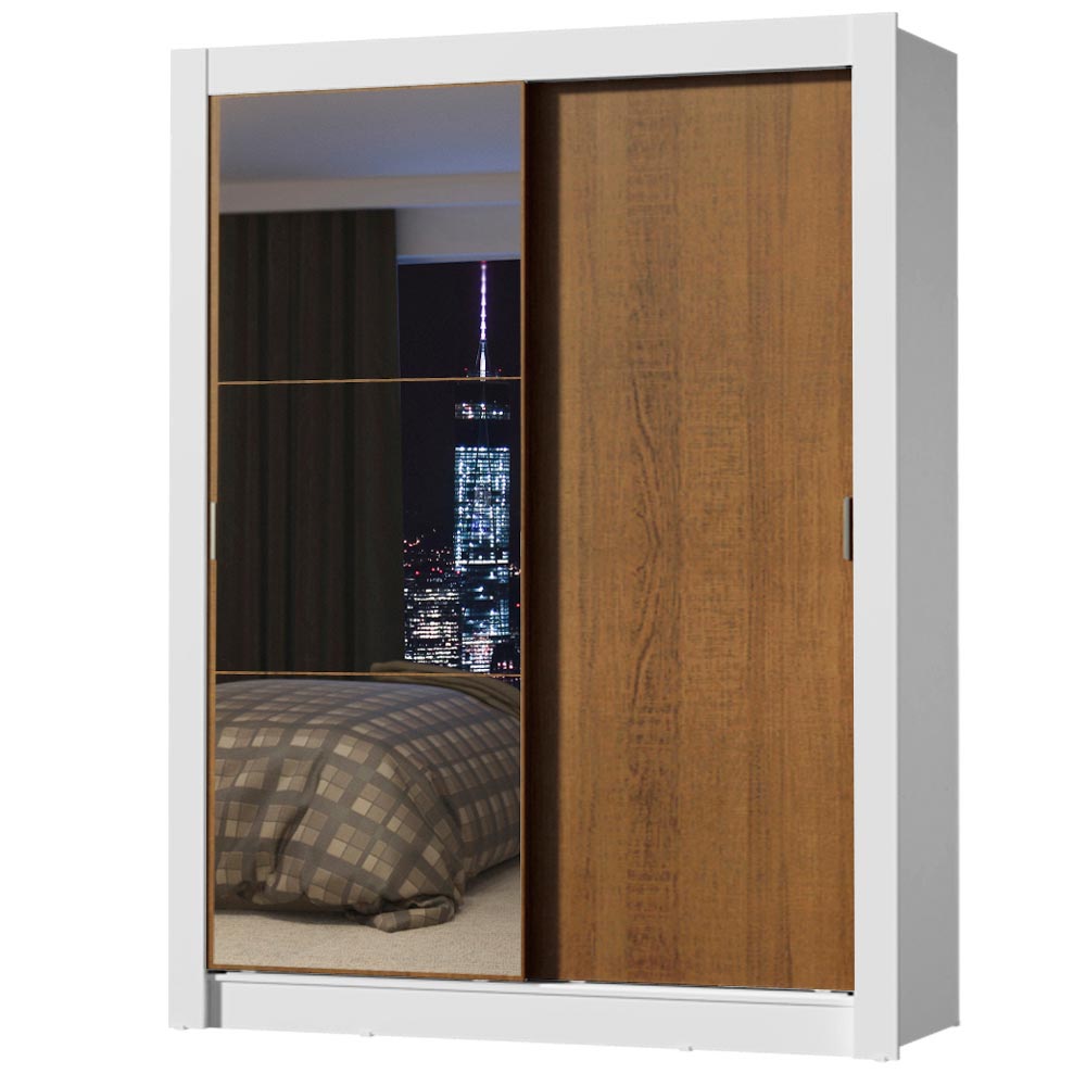 Guarda-Roupa Solteiro Madesa Denver 2 Portas de Correr com Espelho Branco/Rustic