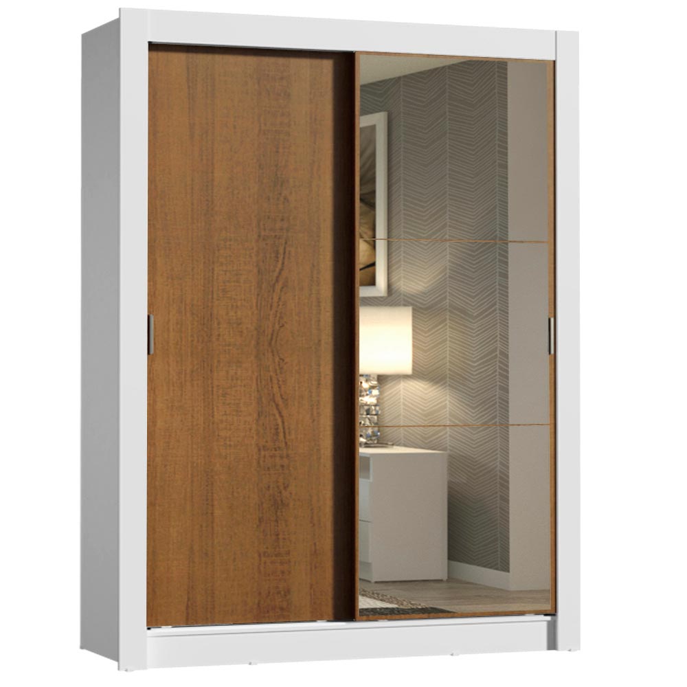 Guarda-Roupa Solteiro Madesa Dallas 2 Portas de Correr com Espelho 2 Gavetas Branco/Rustic