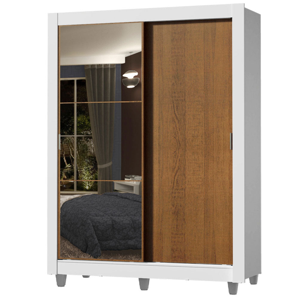 Guarda-Roupa Solteiro Madesa Dallas 2 Portas de Correr com Espelho 2 Gavetas com Pés Branco/Rustic