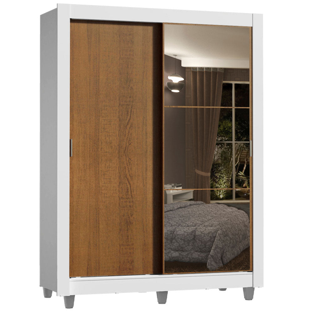 Guarda-Roupa Solteiro Madesa Dallas Plus 2 Portas de Correr com Espelho 4 Gavetas com Pés Branco/Rustic