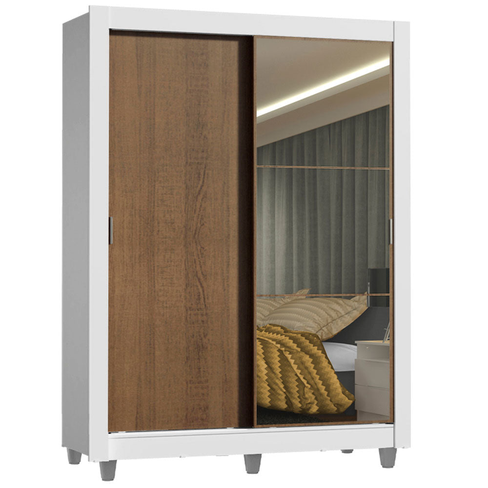 Guarda-Roupa Solteiro Madesa Denver 2 Portas de Correr com Espelho com Pés Branco/Rustic