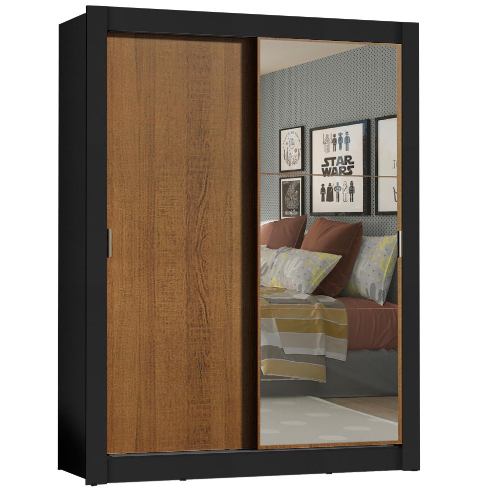 Guarda-Roupa Solteiro Madesa Denver 2 Portas de Correr com Espelho Preto/Rustic