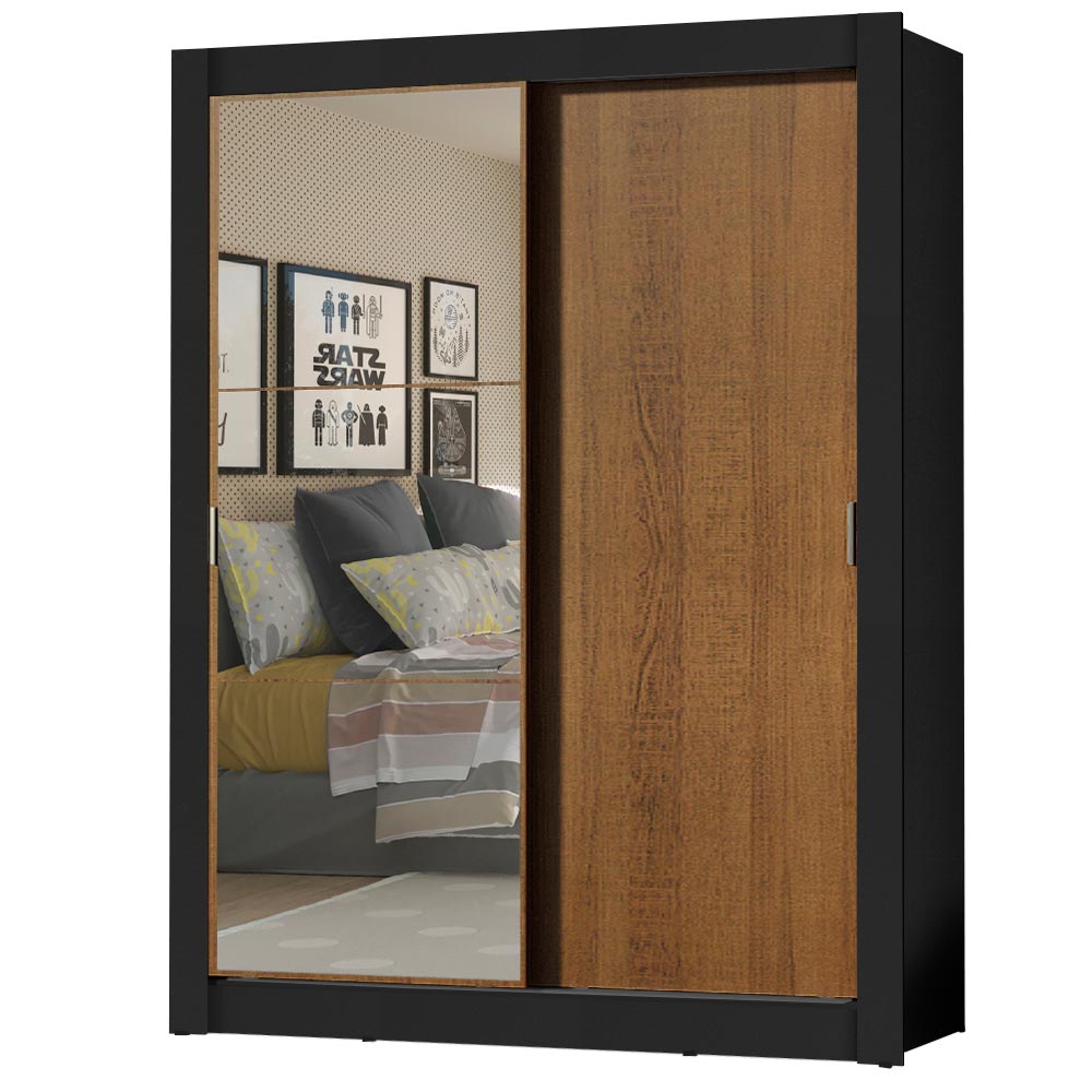 Guarda-Roupa Solteiro Madesa Dallas Plus 2 Portas de Correr com Espelho 4 Gavetas Preto/Rustic