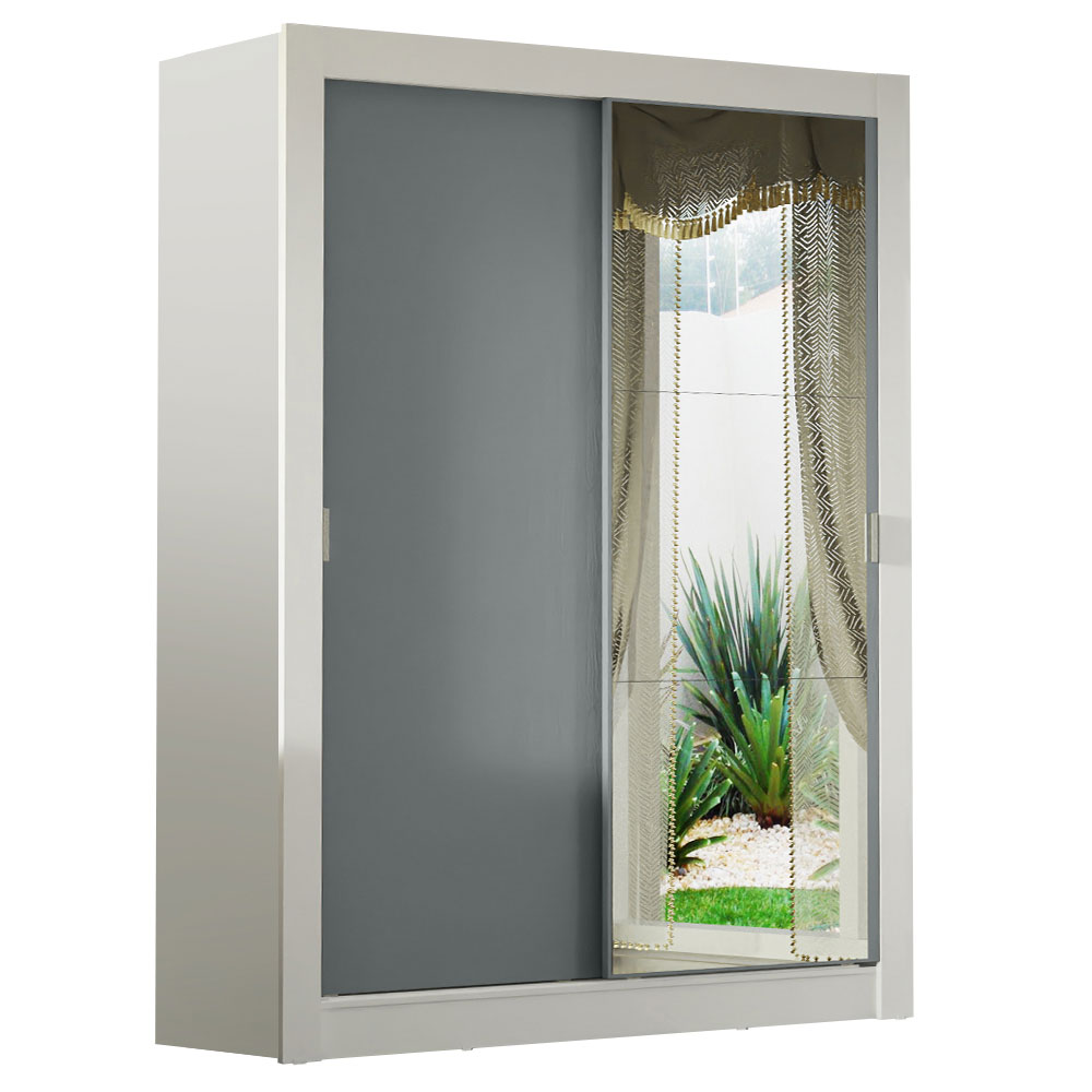 Guarda-Roupa Solteiro Madesa Denver 2 Portas de Correr com Espelho Branco/Cinza