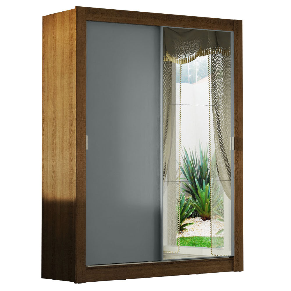 Guarda-Roupa Solteiro Madesa Denver 2 Portas de Correr com Espelho Rustic/Cinza