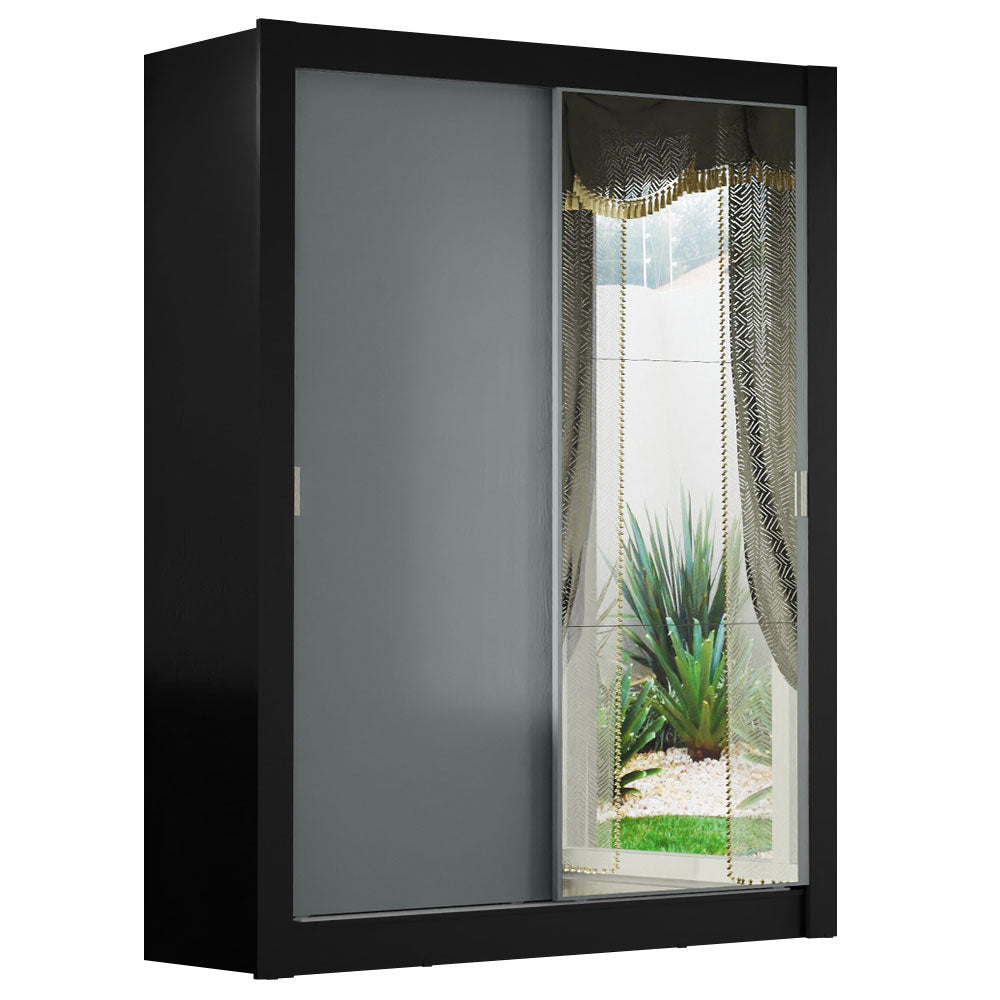 Guarda-Roupa Solteiro Madesa Denver 2 Portas de Correr com Espelho Preto/Cinza