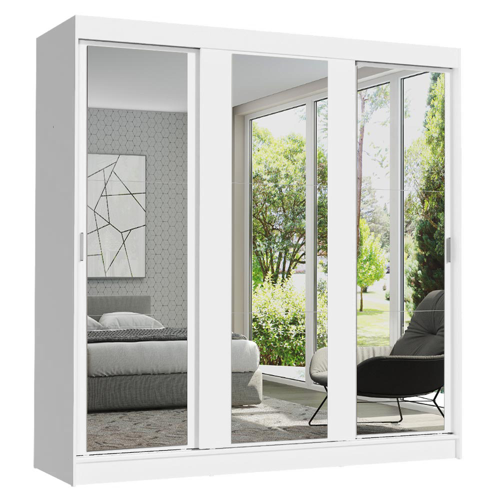 Guarda-Roupa Casal Madesa Reno 3 Portas de Correr de Espelho Branco