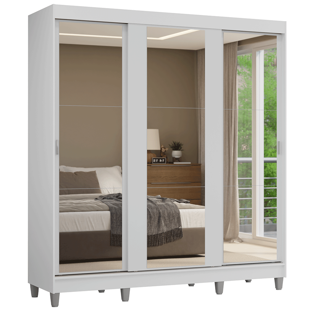 Guarda-Roupa Casal com Pés 3 Portas de Correr de Espelho Branco Reno Madesa