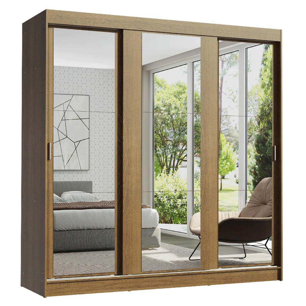 Guarda-Roupa Casal Madesa Reno 3 Portas de Correr de Espelho Rustic