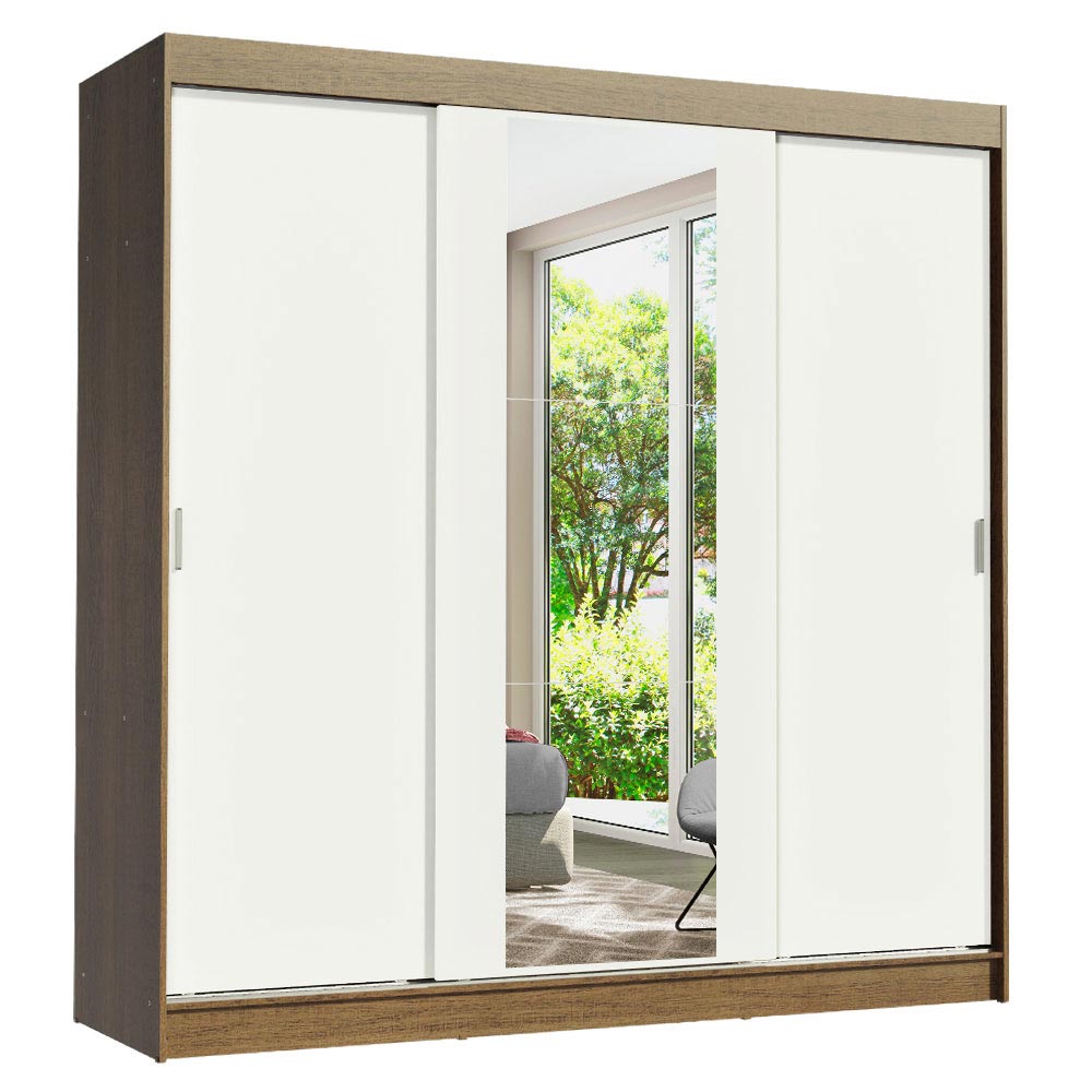 Guarda-Roupa Casal 3 Portas de Correr com Espelho Rustic/Branco Madesa Reno