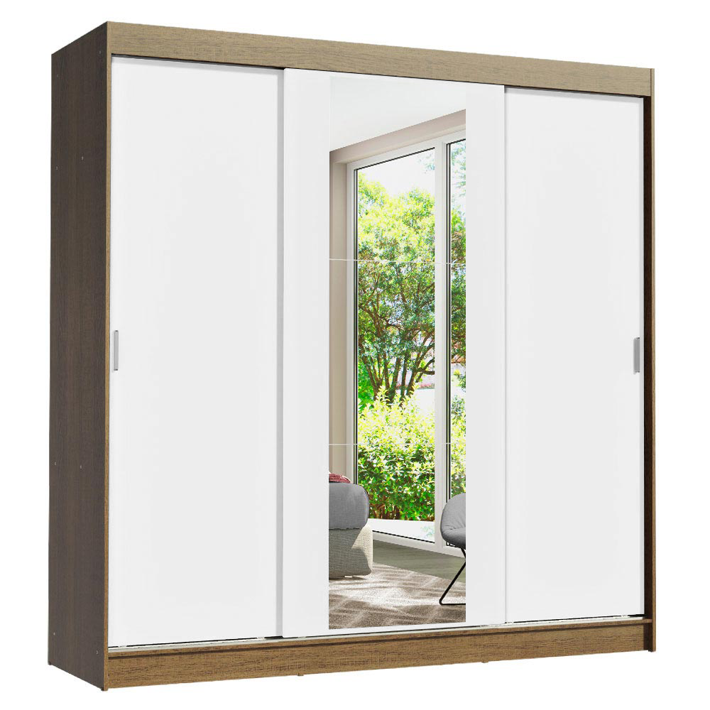 Guarda-Roupa Casal 3 Portas de Correr com Espelho Rustic/Branco Madesa Reno