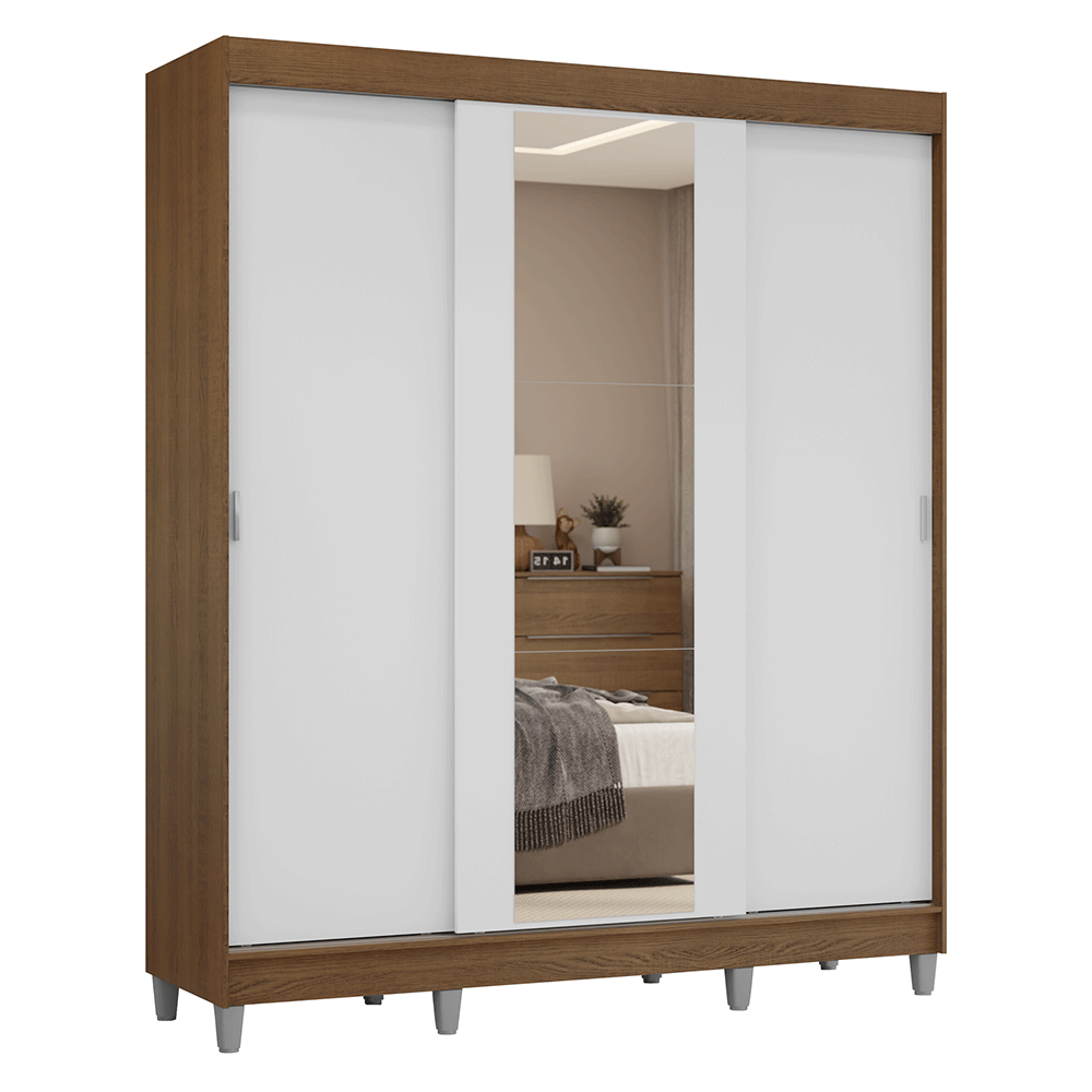Guarda-Roupa Casal com Pés 3 Portas de Correr com Espelho Rustic/Branco Reno Madesa