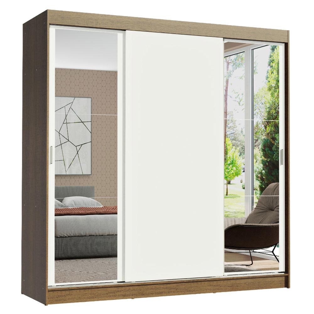 Guarda-Roupa Casal Madesa Reno 3 Portas de Correr com Espelhos Rustic/Branco