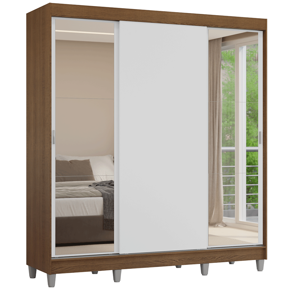 Guarda-Roupa Casal com Pés 3 Portas de Correr com Espelhos Rustic/Branco Reno Madesa