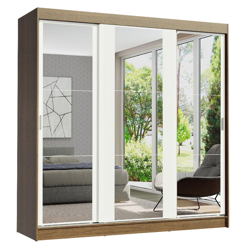Guarda-Roupa Casal Madesa Reno 3 Portas de Correr de Espelho Rustic/Branco