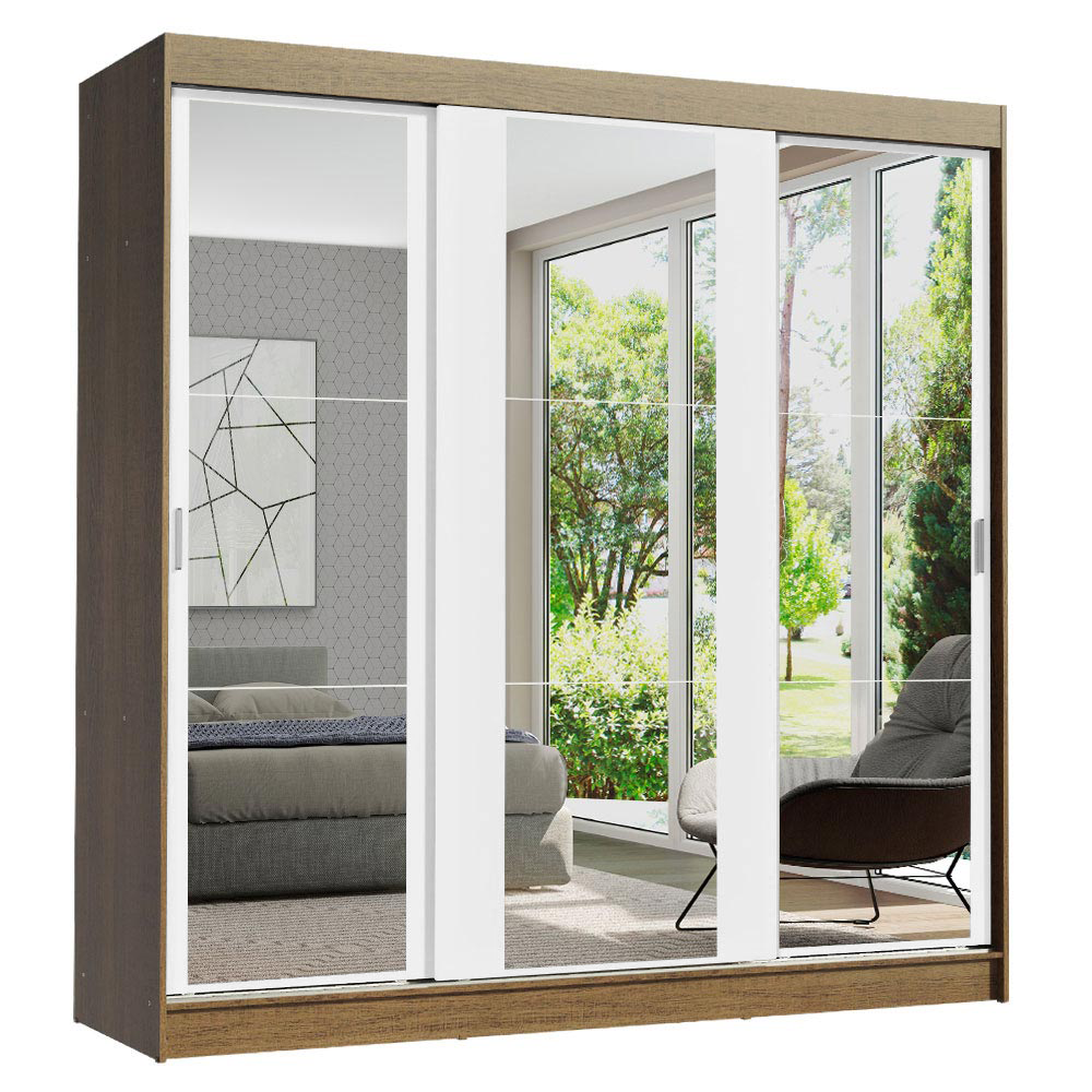 Guarda-Roupa Casal Madesa Reno 3 Portas de Correr de Espelho Rustic/Branco