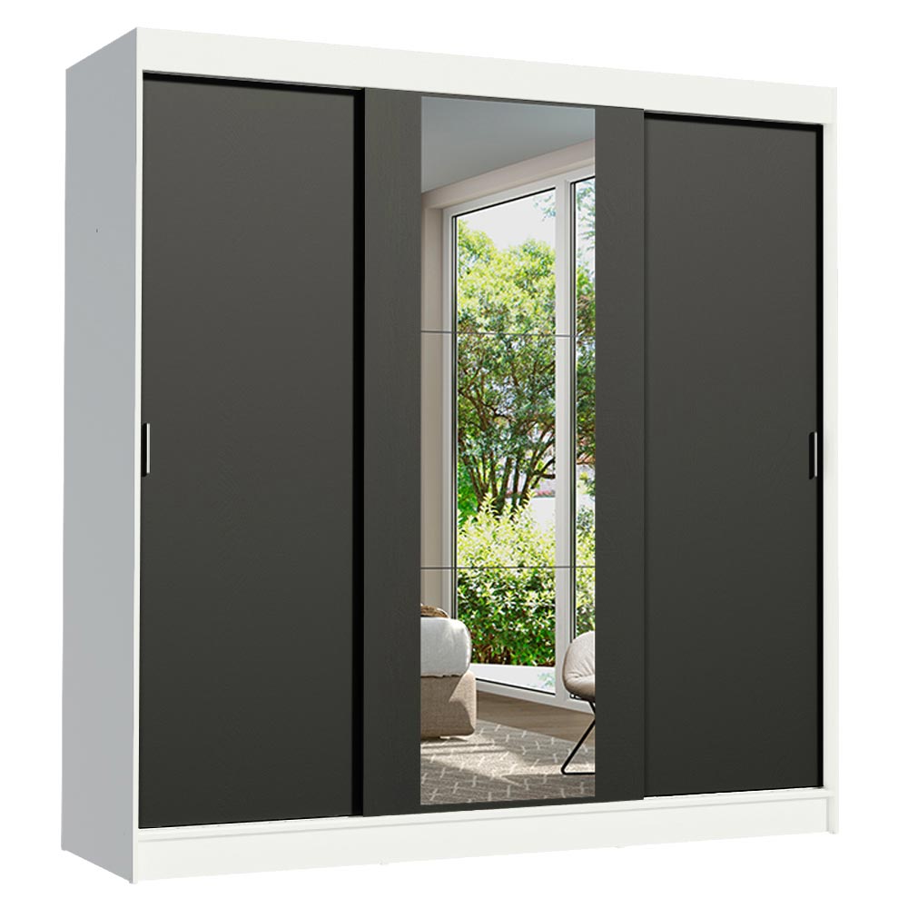 Guarda-Roupa Casal Madesa Reno 3 Portas de Correr com Espelho Branco/Preto