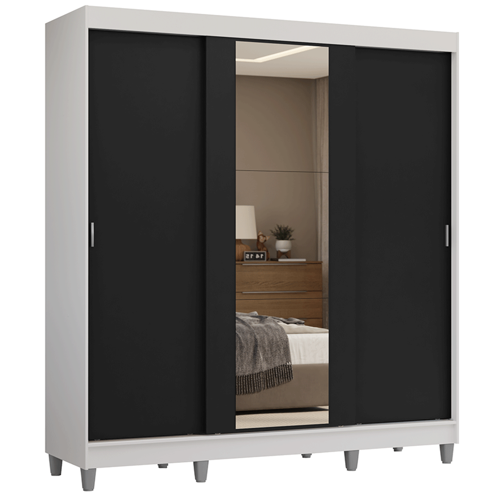 Guarda-Roupa Casal com Pés 3 Portas de Correr com Espelho Branco/Preto Reno Madesa
