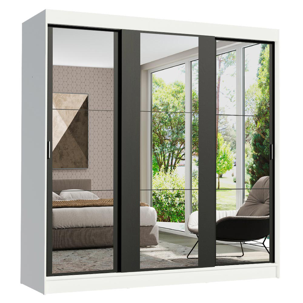 Guarda-Roupa Casal 3 Portas de Correr de Espelho Branco/Preto Madesa Reno