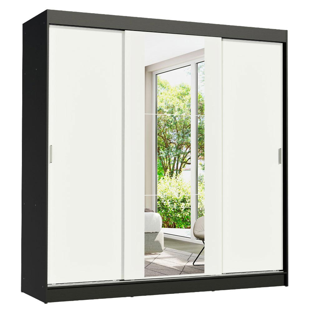 Guarda-Roupa Casal Madesa Reno 3 Portas de Correr com Espelho Preto/Branco