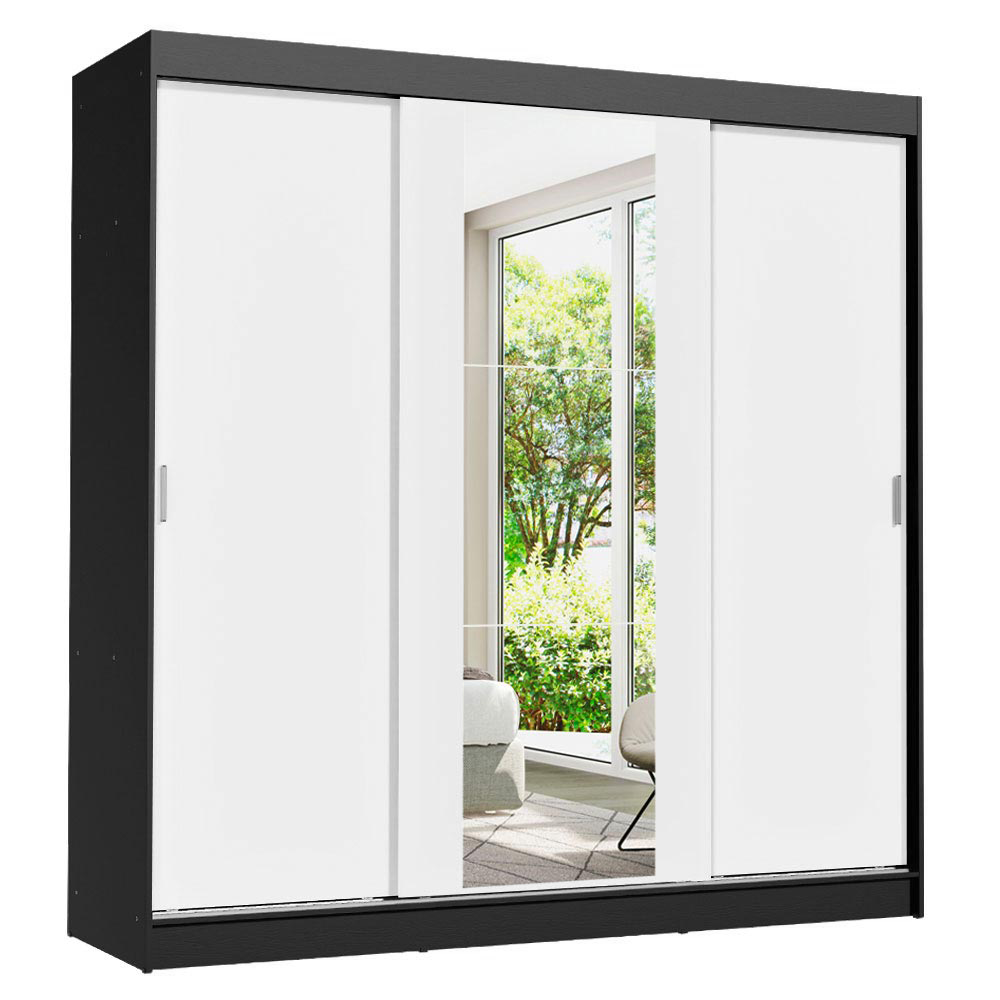 Guarda-Roupa Casal Madesa Reno 3 Portas de Correr com Espelho Preto/Branco