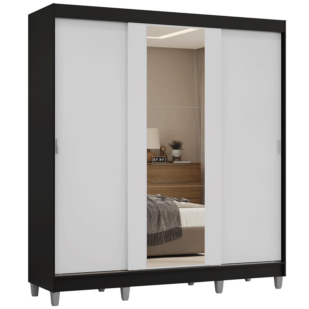 Guarda-Roupa Casal com Pés 3 Portas de Correr com Espelho Preto/Branco Reno Madesa