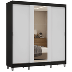 Guarda-Roupa Casal com Pés 3 Portas de Correr com Espelho Preto/Branco Reno Madesa
