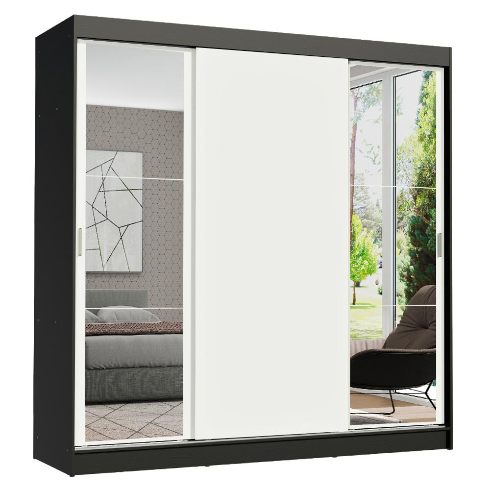 Guarda-Roupa Casal Madesa Reno 3 Portas de Correr com Espelhos Preto/Branco