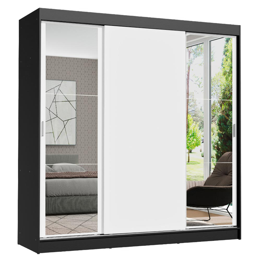 Guarda-Roupa Casal Madesa Reno 3 Portas de Correr com Espelhos Preto/Branco