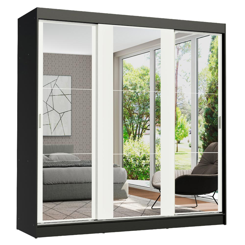 Guarda-Roupa Casal Madesa Reno 3 Portas de Correr de Espelho Preto/Branco