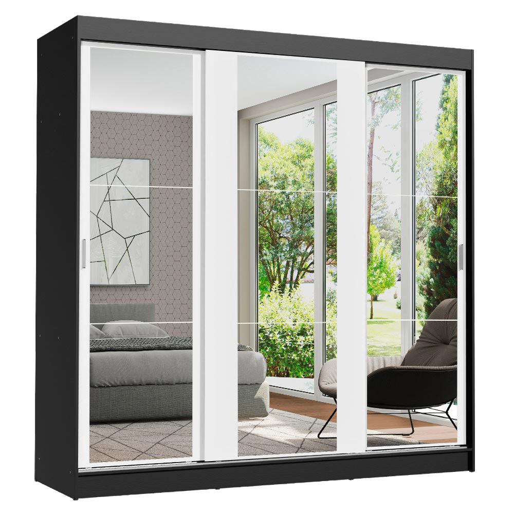 Guarda-Roupa Casal Madesa Reno 3 Portas de Correr de Espelho Preto/Branco