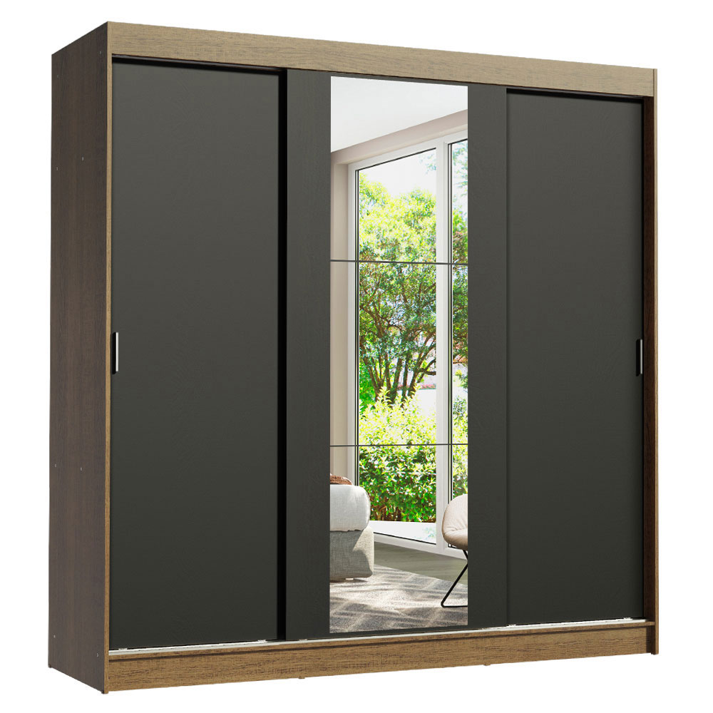 Guarda-Roupa Casal 3 Portas de Correr com Espelho Rustic/Preto Madesa Reno