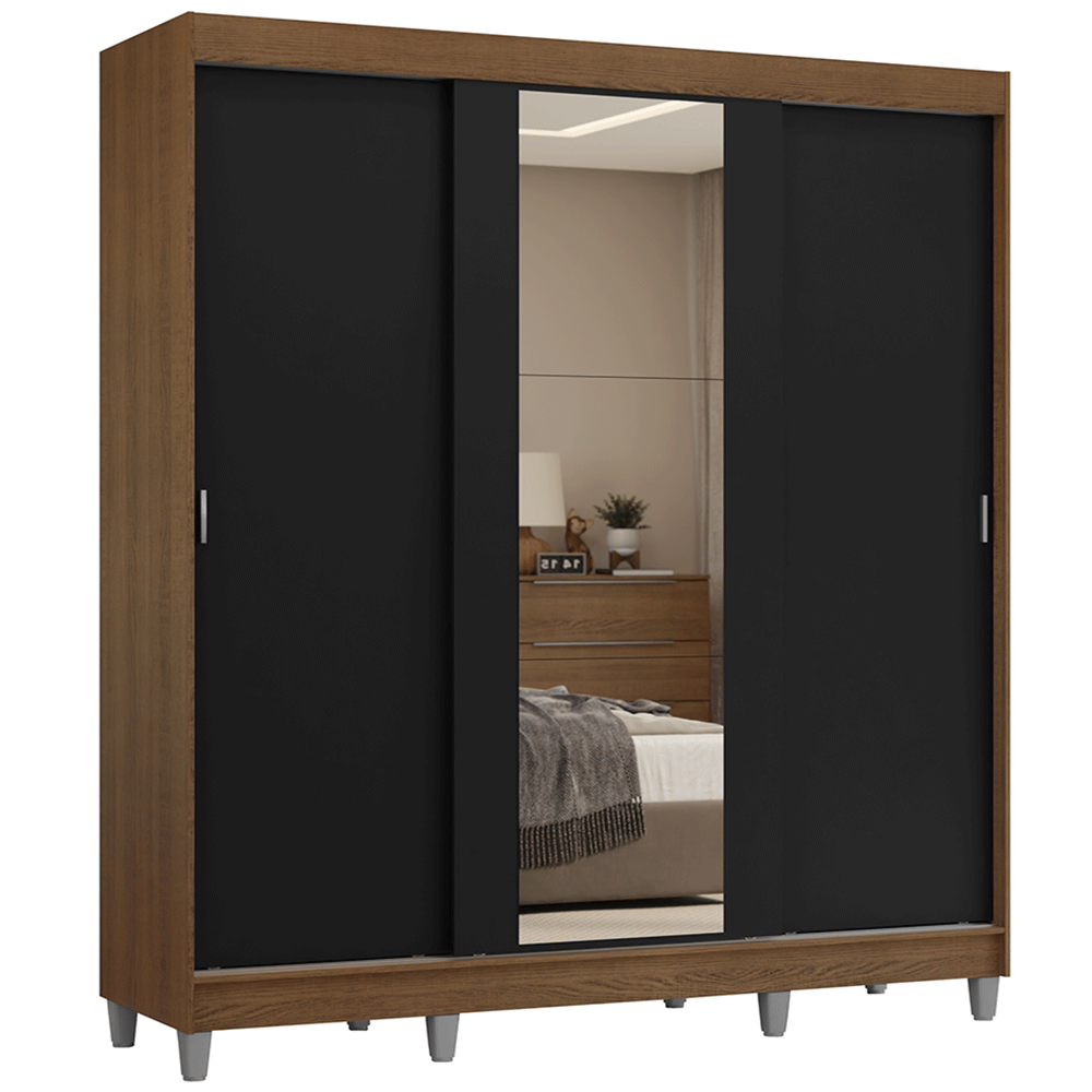 Guarda-Roupa Casal com Pés 3 Portas de Correr com Espelho Rustic/Preto Reno Madesa