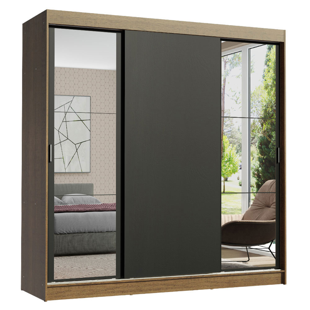 Guarda-Roupa Casal Madesa Reno 3 Portas de Correr com Espelhos Rustic/Preto