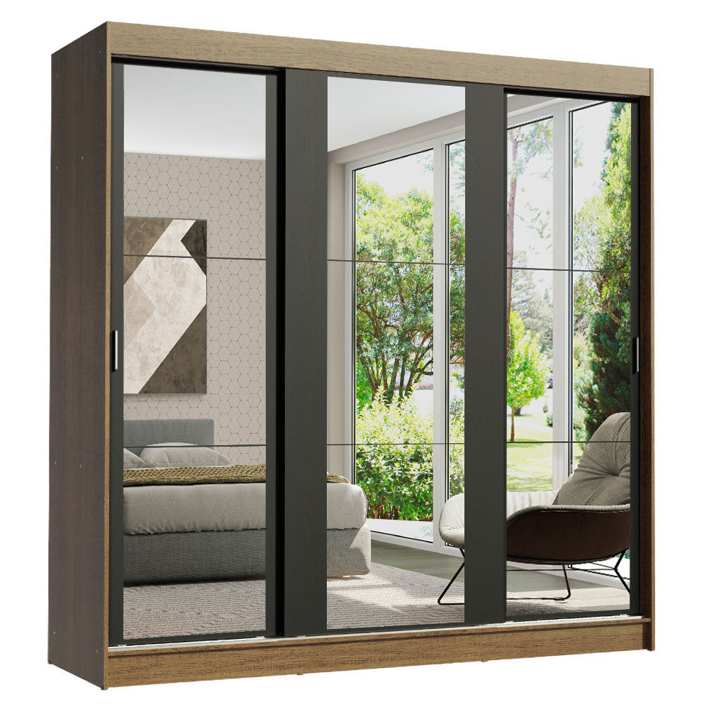 Guarda-Roupa Casal Madesa Reno 3 Portas de Correr de Espelho Rustic/Preto