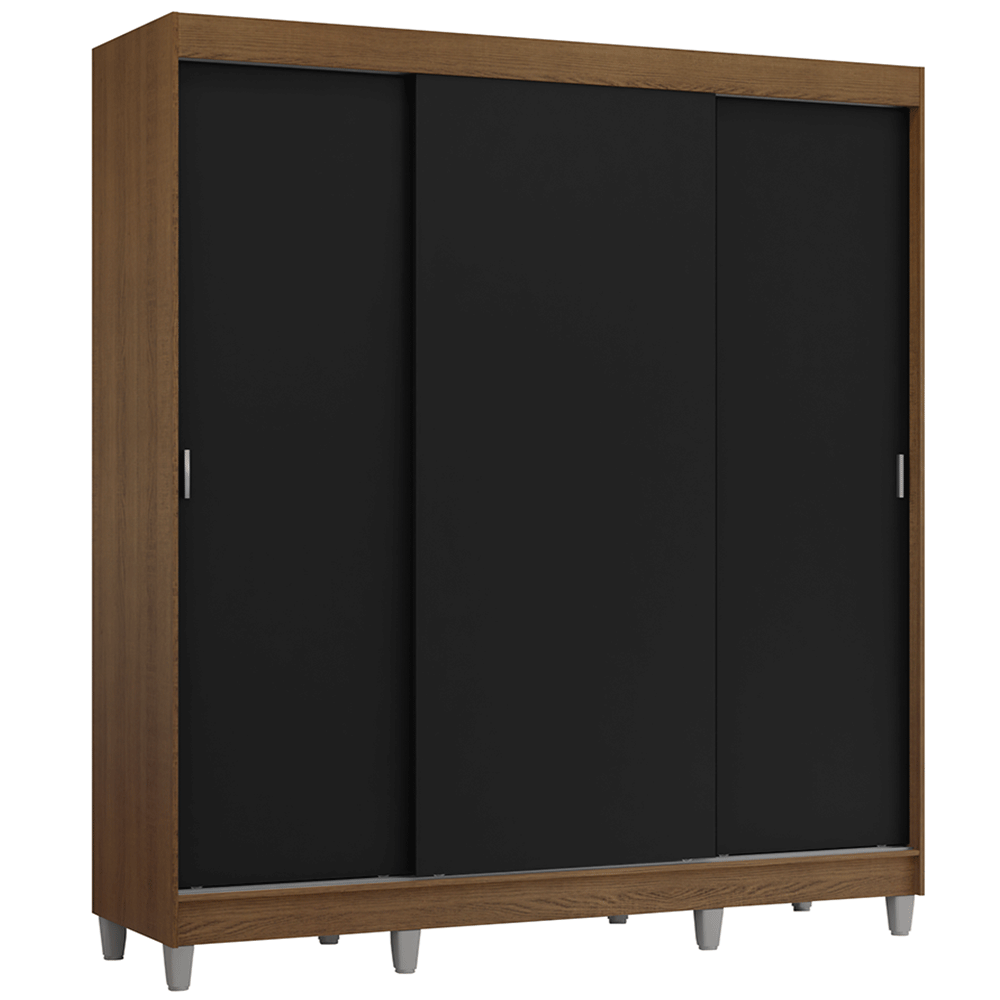 Guarda-Roupa Casal com Pés 3 Portas de Correr Rustic/Preto Reno Madesa