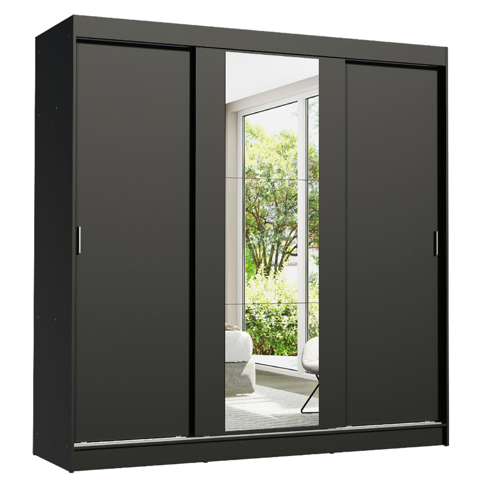 Guarda-Roupa Casal 3 Portas de Correr com Espelho Preto Madesa Reno