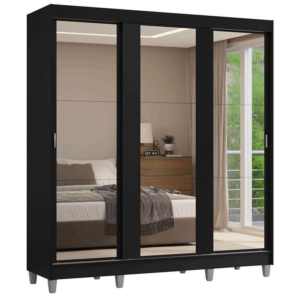 Guarda-Roupa Casal com Pés 3 Portas de Correr de Espelho Preto Reno Madesa