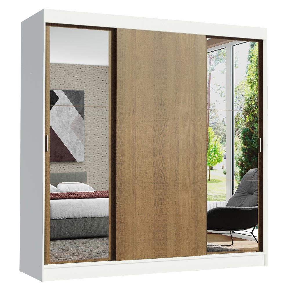 Guarda-Roupa Casal Madesa Reno 3 Portas de Correr com Espelhos Branco/Rustic